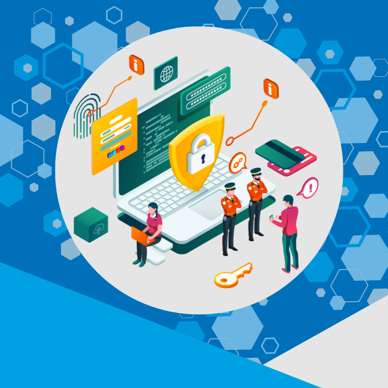 cartoon graphic of people in bubble protecting a big computer 