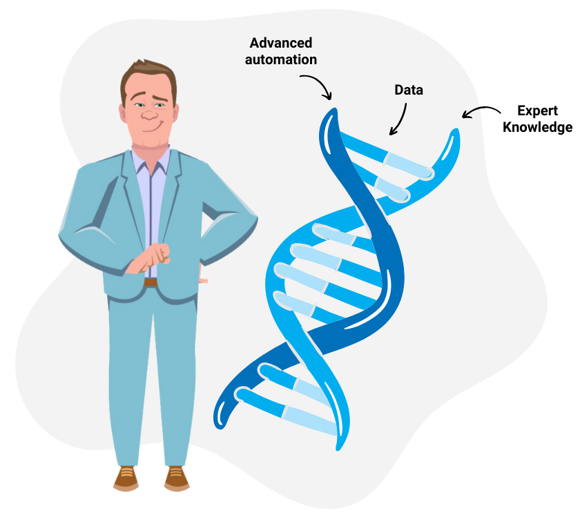 cartoon icon standing next to a data con